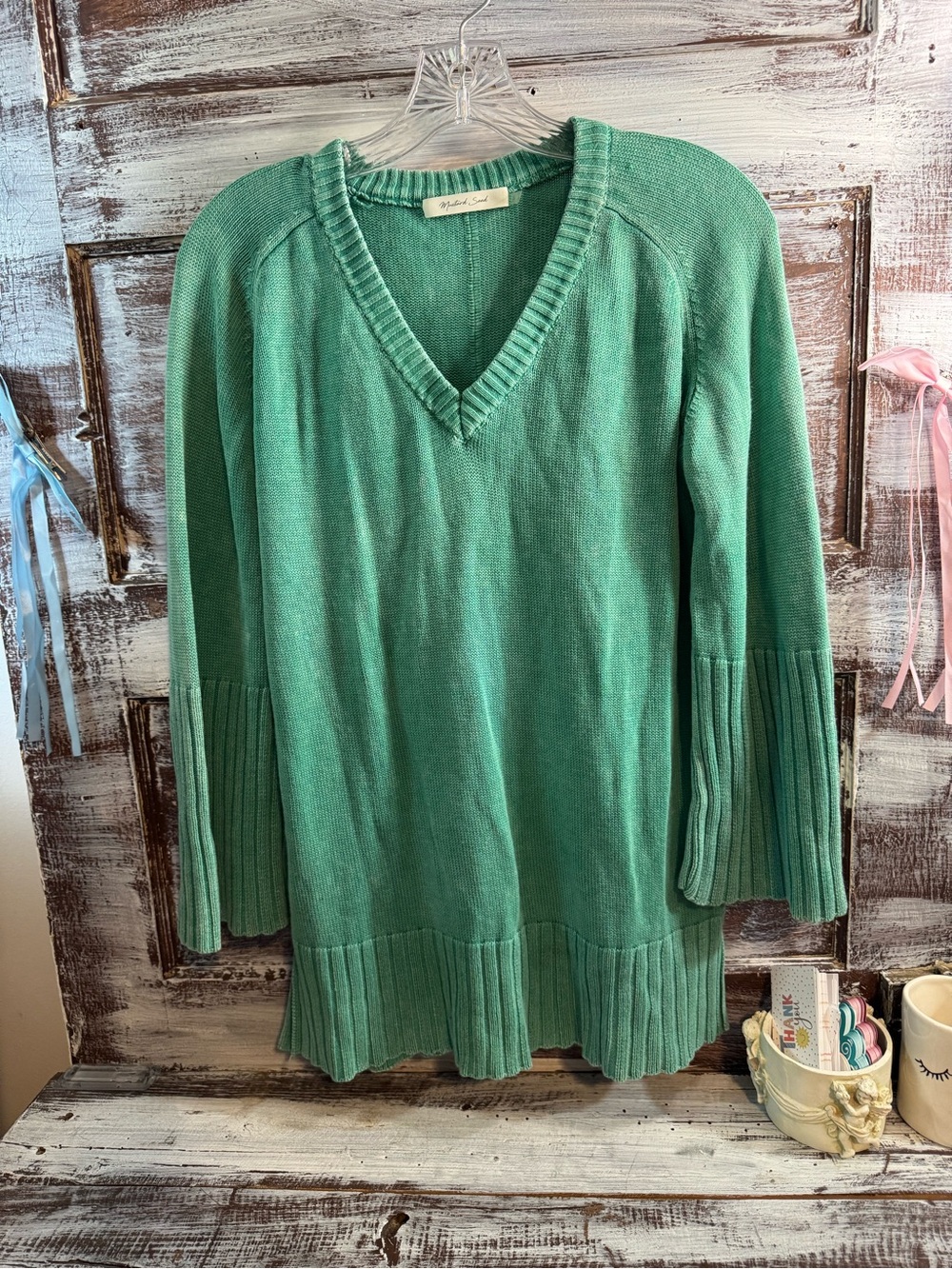 Mustard Seed Mint Green V-Neck Ribbed Sweater
